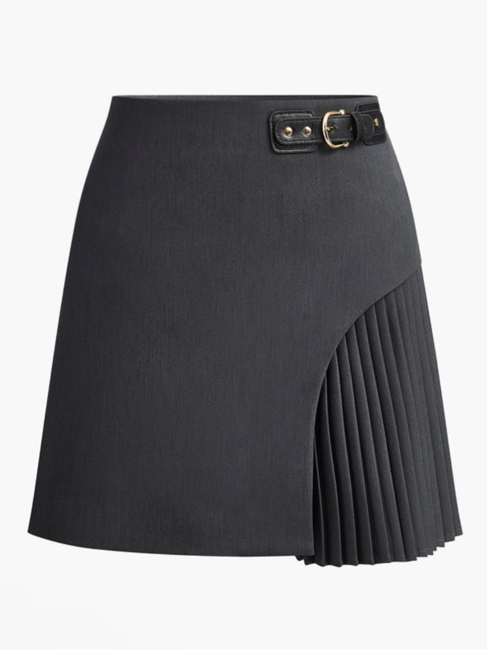 Commense Side Pleated Buckle Belted Asymmetrical Twill Grey Mini Skirt Medium